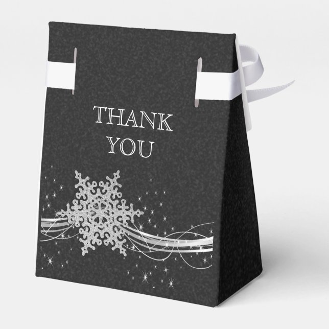 black Silver Snowflakes Winter wedding favour box (Back Side)
