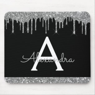Black Silver Sparkle Glitter Chic Monogram Mouse Pad