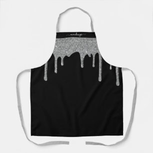 Black Silver Sparkle Glitter Drips Personalized Apron