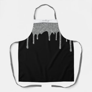 Black Silver Sparkle Glitter Drips Personalized Apron