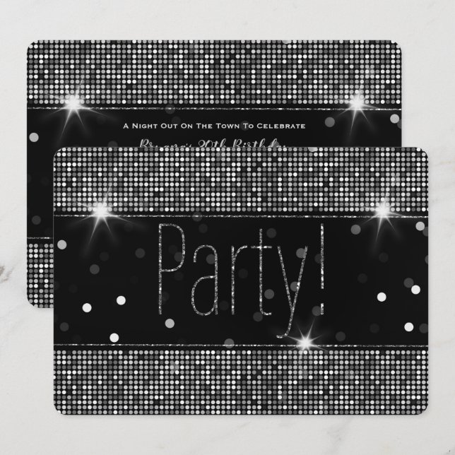 Black & Silver Sparkle Party Lights Birthday Invitation (Front/Back)