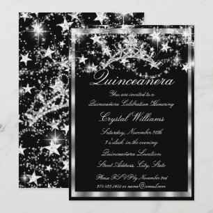 Black Silver Sparkle Tiara Stars Quinceanera Invitation
