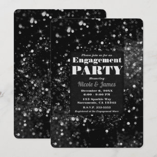 Black & Silver Sparkling Lights Glam Engagement Invitation