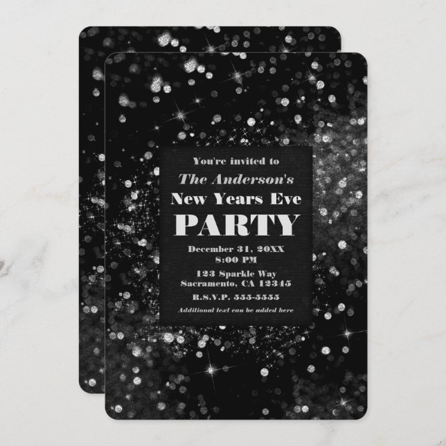 Black Silver Sparkling Lights New Years Eve Party Invitation (Front/Back)