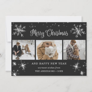 Black Silver Sparkly Snowflake Photo Collage Holiday Card