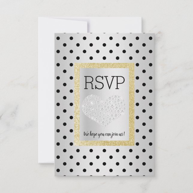 Black Silver SPOT Gold Heart RSVP simple elegant Card (Front)