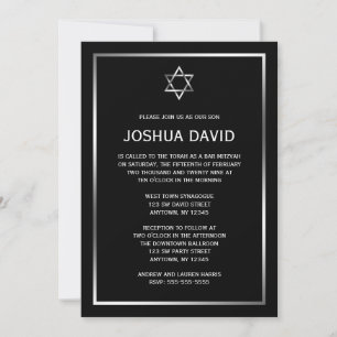 Black Silver Star of David Bar Mitzvah Invitations