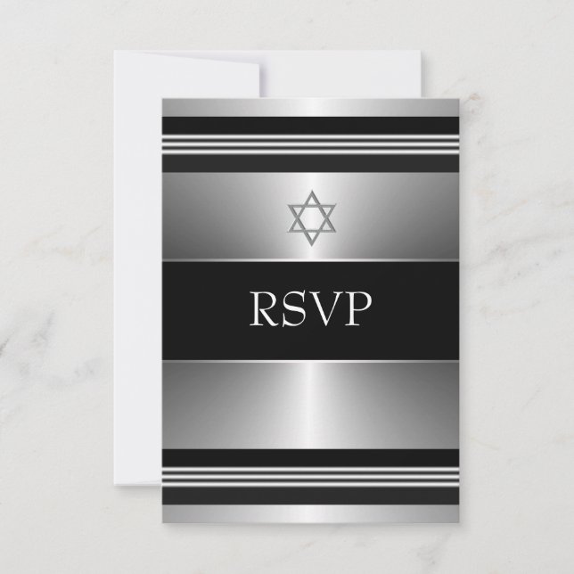 Black Silver Star of David Bar Mitzvah RSVP Card (Front)