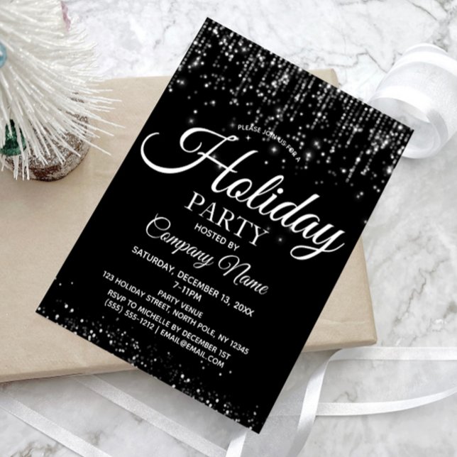 Black Silver String Lights Corporate Holiday Party Invitation (Creator Uploaded)