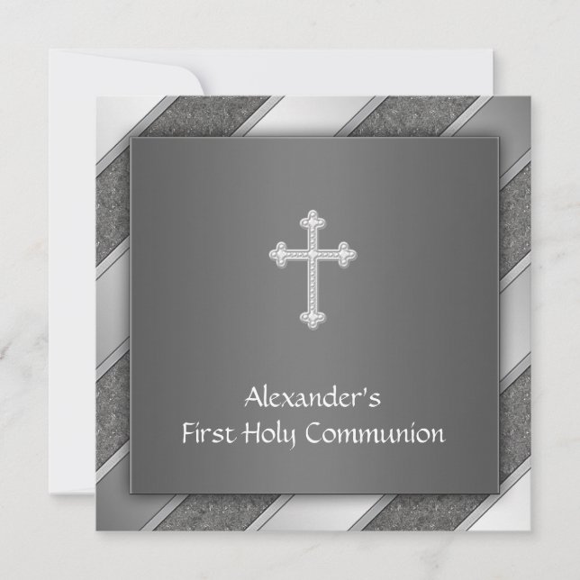 Black Silver Stripe Boy First Communion Invitation (Front)