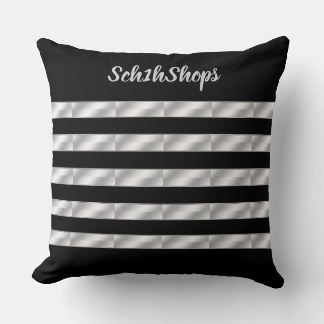 Black & Silver, Striped, Personalized Throw Pillow (Front)