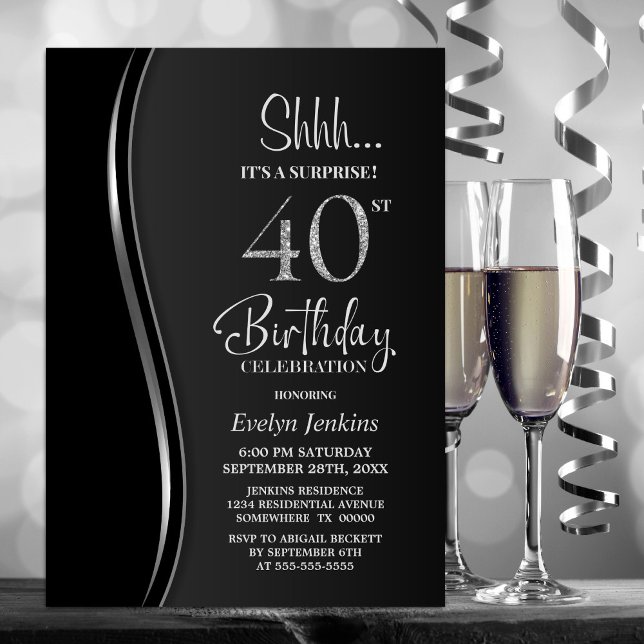 Black Silver Surprise 40th Birthday Invitation (Creator Uploaded)