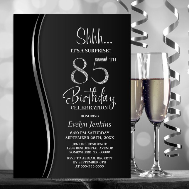 Black Silver Surprise 85th Birthday Invitation (Creator Uploaded)
