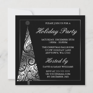 Black Silver Swirl Christmas Tree Holiday Party Invitation