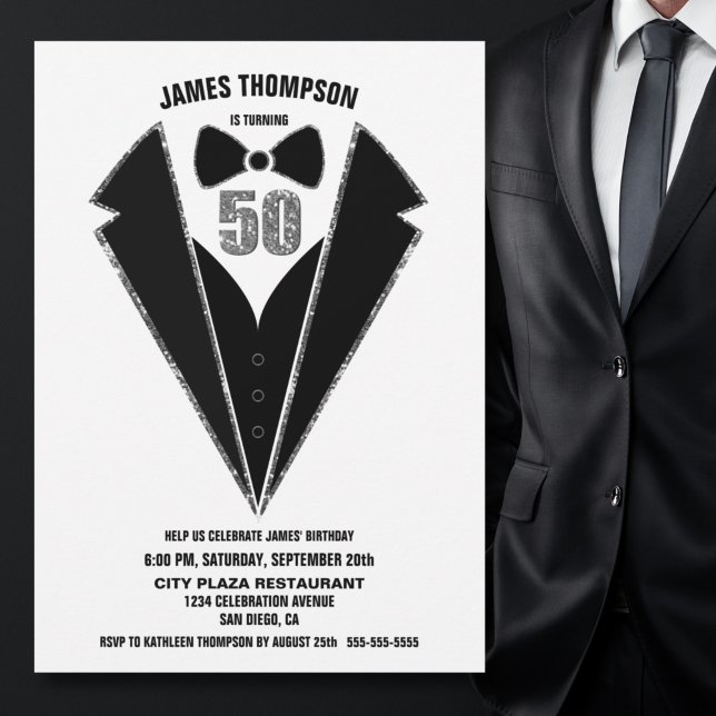 Black Silver Tuxedo 50th Birthday Party Invitation (Creator Uploaded)