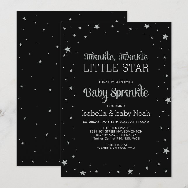 Black & Silver | Twinkle Little Star Baby Shower Invitation (Front/Back)
