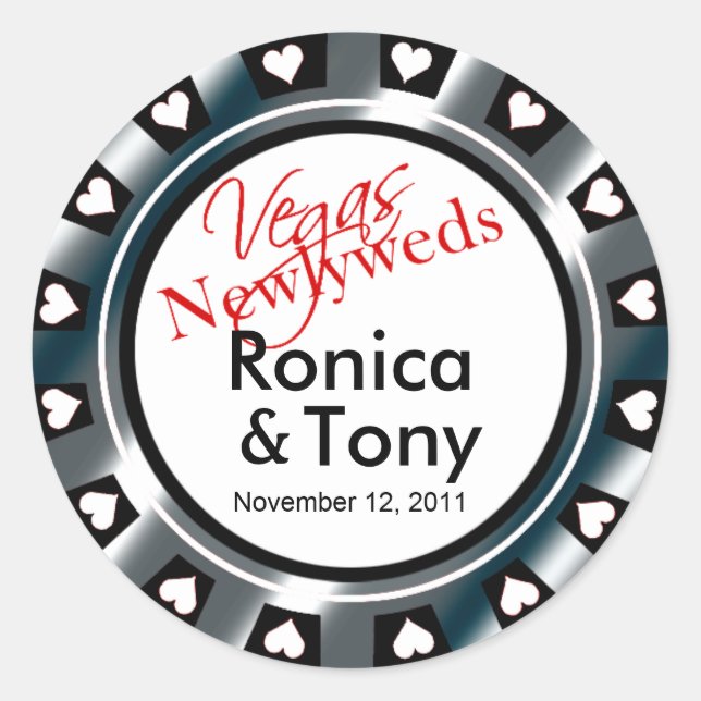Black & Silver Vegas Newlyweds Casino Chip Classic Round Sticker (Front)