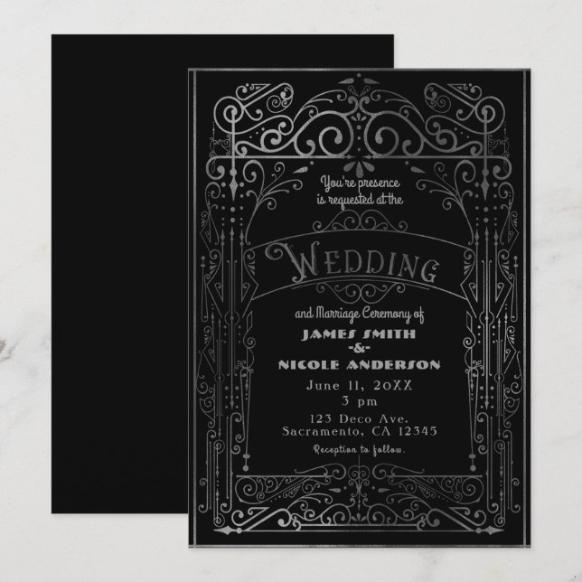 Black & Silver Vintage Victorian Deco Wedding Invitation (Front/Back)