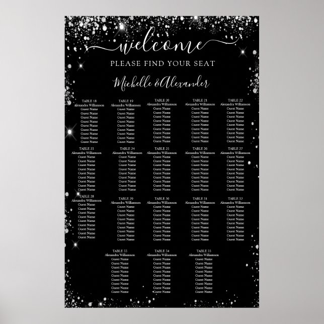 Black silver wedding seating chart 18 tables (Front)
