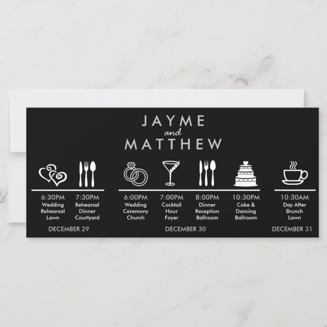 Black Silver Wedding Timeline Welcome Bag Note (Front)