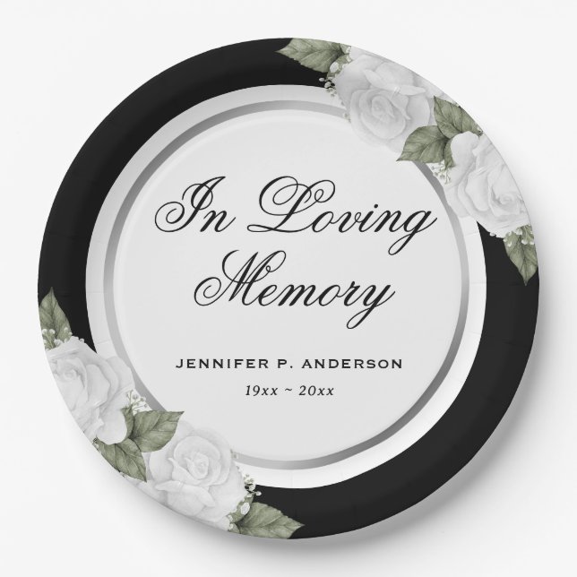 Black Silver White Floral Memorial Funeral Paper Plate (Front)