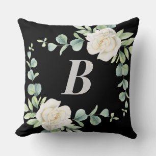 Black, Silver, White Floral Monogram Throw Pillow