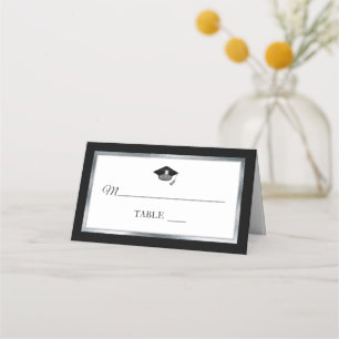 Black Silver White Grad Cap Place Cards