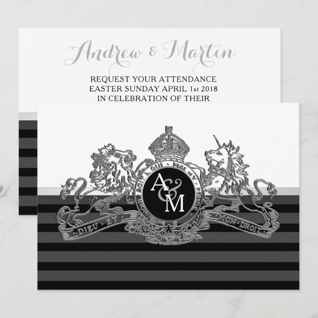 Black Silver  White Lion Unicorn Emblem Wedding Invitation (Front/Back)