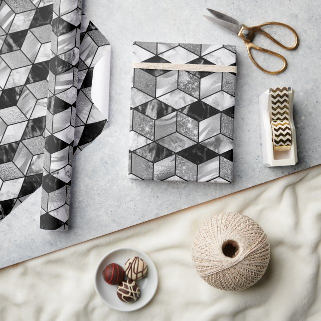 Black, Silver & White Marble Texture Geometric Wrapping Paper (Crafts)