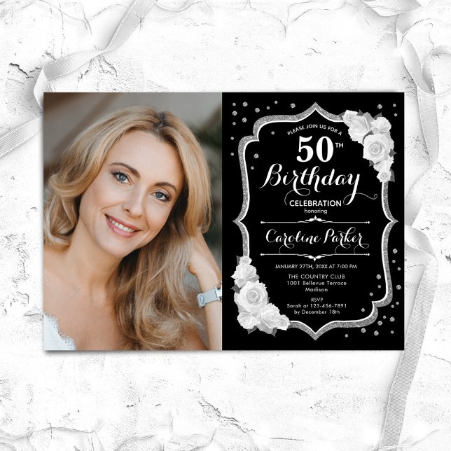 Black Silver White Photo 50th Birthday Invitation (Creator Uploaded)