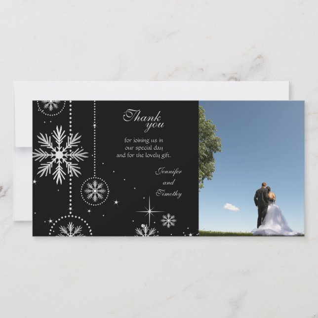 Black silver winter wedding thank you photocard (Front)