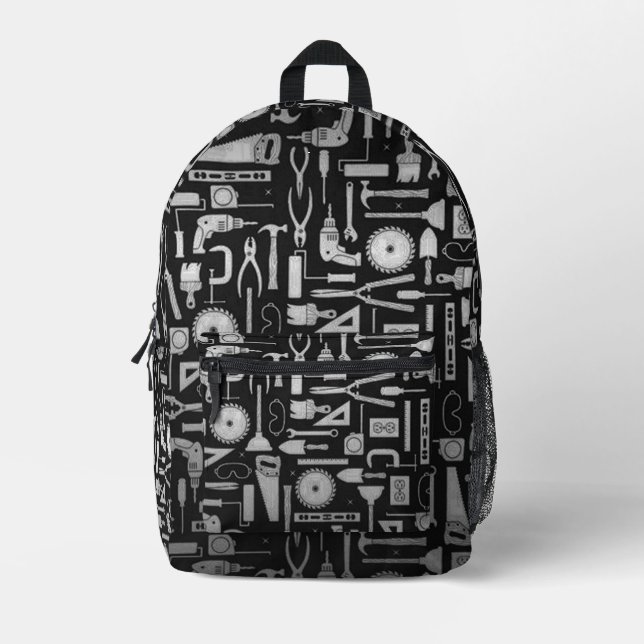 Black & Silver Workshop Tools Printed Backpack (Front)