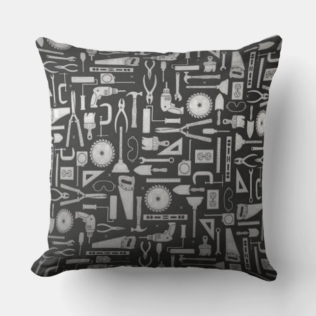 Black & Silver Workshop Tools Throw Pillow (Front)