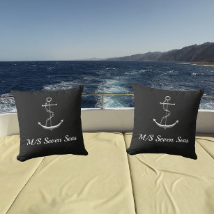 Black silver yacht boat anchor name outdoor pillow