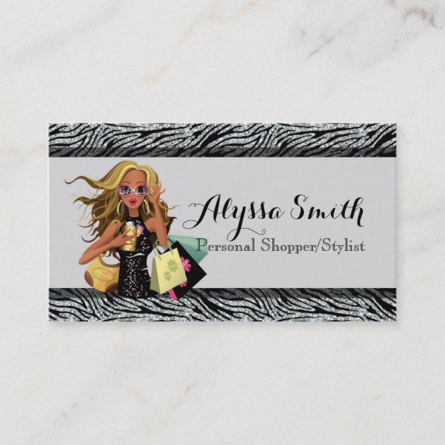 Black & Silver Zebra Glitter Shopper Business Card (Front)