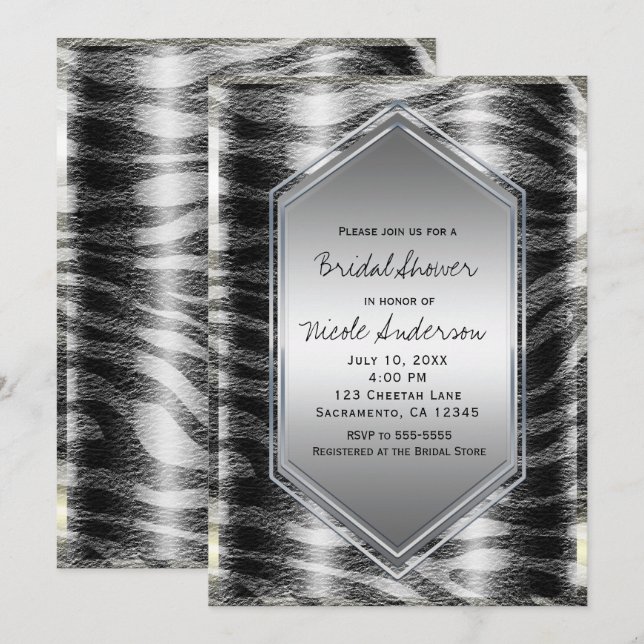 Black Silver Zebra Wild Animal Print Exotic Party Invitation (Front/Back)