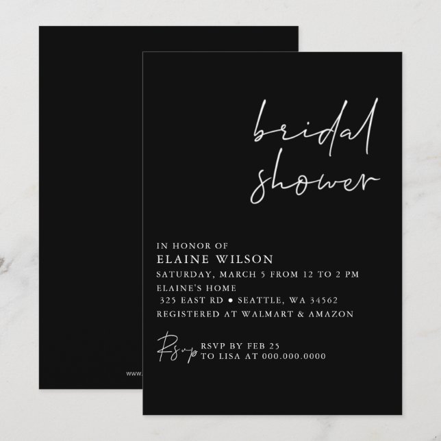 Black Simple Elegant Modern Bridal Shower  Invitation (Front/Back)