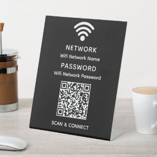 Black Simple Elegant Wifi QR Code Network Password Pedestal Sign