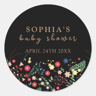 Black Simple Elegant Wildflower Baby Shower  Classic Round Sticker