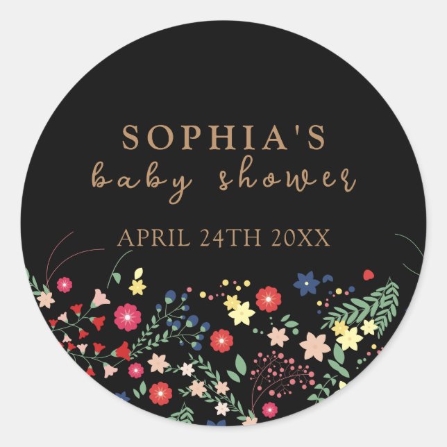 Black Simple Elegant Wildflower Baby Shower  Classic Round Sticker (Front)