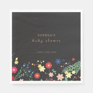 Black Simple Elegant Wildflower Baby Shower  Napkin