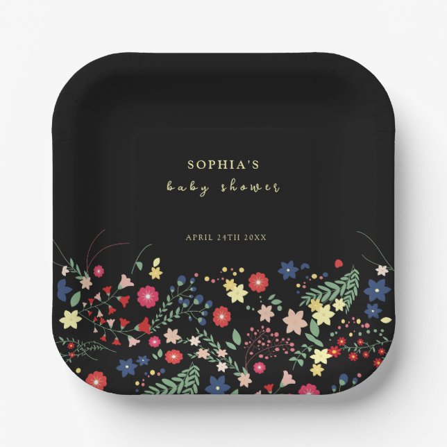 Black Simple Elegant Wildflower Baby Shower  Paper Plate (Front)