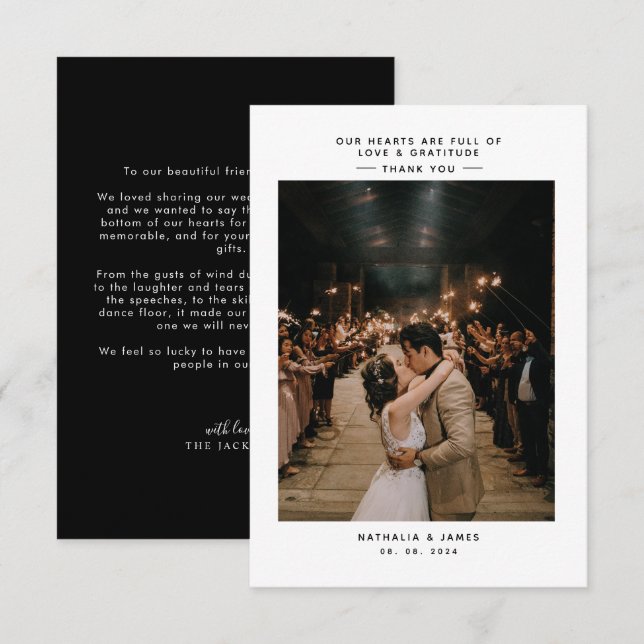 Black Simple Elegant with Photo Wedding  Thank You Card (Front/Back)