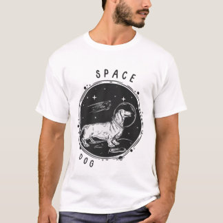 Black Simple Illustrated Space Dog & Dog in Space  T-Shirt