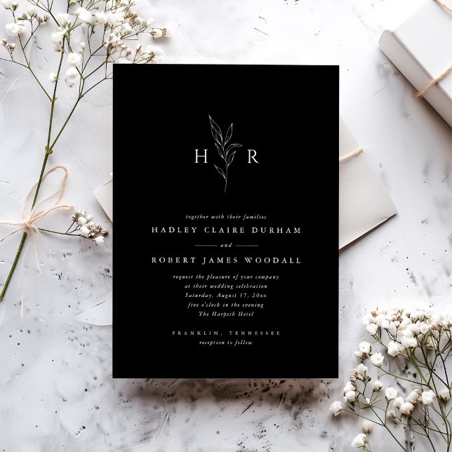 Black Simple Minimal Monogram Botanical Wedding Invitation (Creator Uploaded)