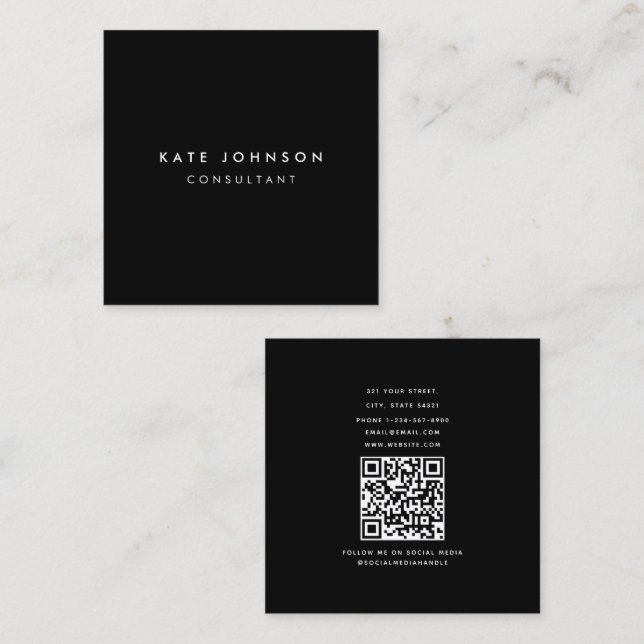Black Simple Minimalist Consultant QR Code Square Business Card (Front/Back)