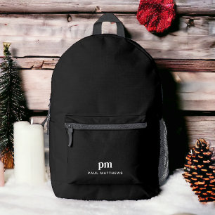 Black Simple Minimalist Monogram and Name Printed Backpack
