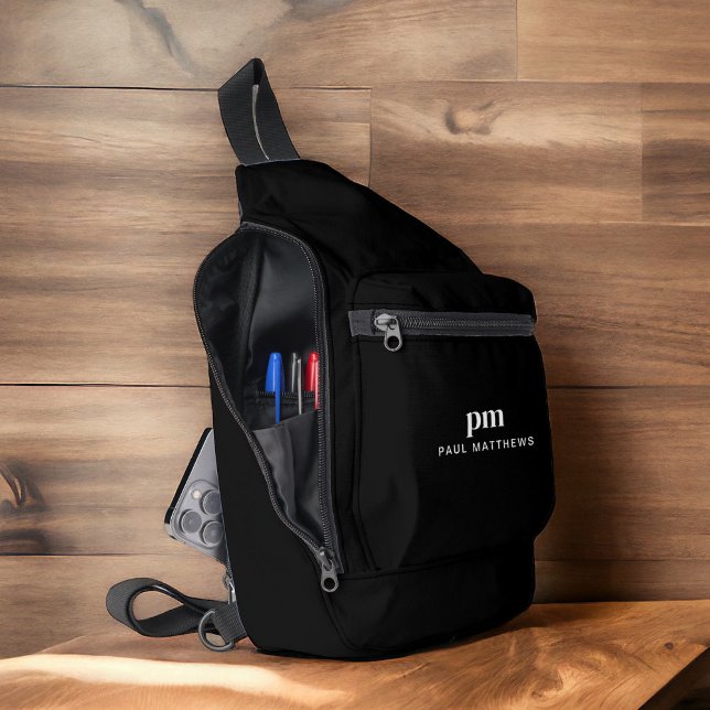 Black Simple Minimalist Name and Monogram Sling Bag (Personalize with your initials and name.)