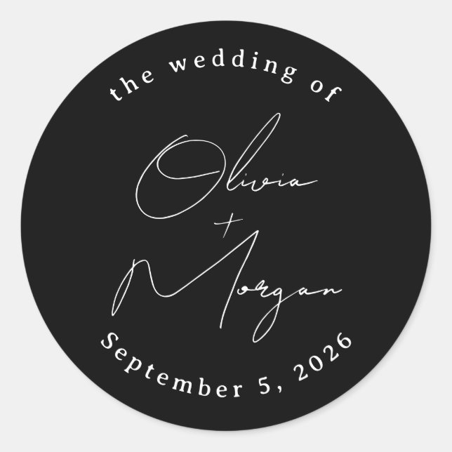 Black Simple Minimalist Script Calligraphy Wedding Classic Round Sticker (Front)