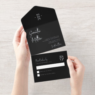 Black Simple Modern Minimalist Silver Foil Wedding All In One Invitation